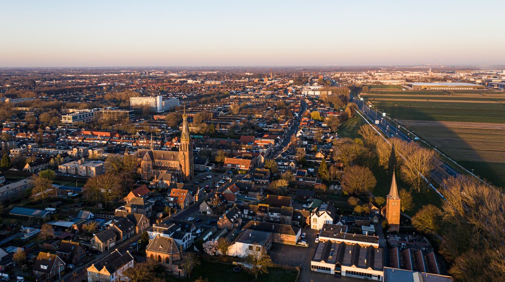 The town seen from above during sunrise in Waalwijk, Noord Brabant, Netherlands