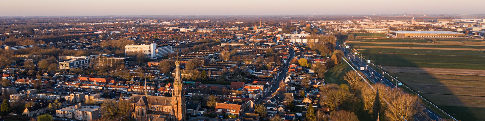 The town seen from above during sunrise in Waalwijk, Noord Brabant, Netherlands