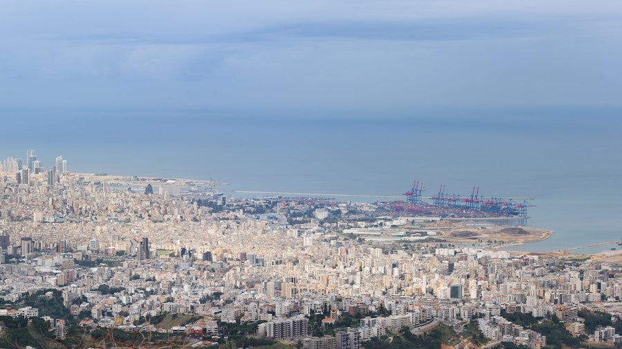 Beirut, Lebanon - 26 Feb 2018: Panorama of capital city Beirut, from Beit Mery viewpoint, with the city centre and port along the Mediterranean sea coastline in Beit Mery, Lebanon.