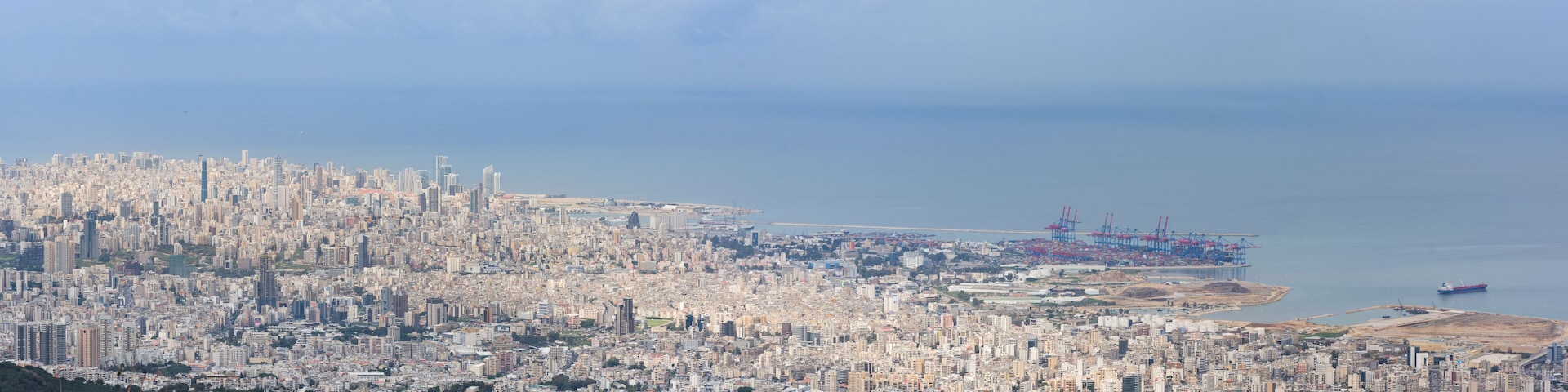 Beirut, Lebanon - 26 Feb 2018: Panorama of capital city Beirut, from Beit Mery viewpoint, with the city centre and port along the Mediterranean sea coastline in Beit Mery, Lebanon.