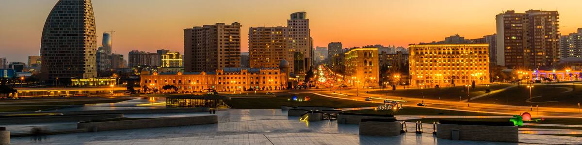 View of the city with residential houses during a beautiful sunset, Baku, Azerbaijan