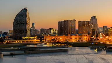 View of the city with residential houses during a beautiful sunset, Baku, Azerbaijan
