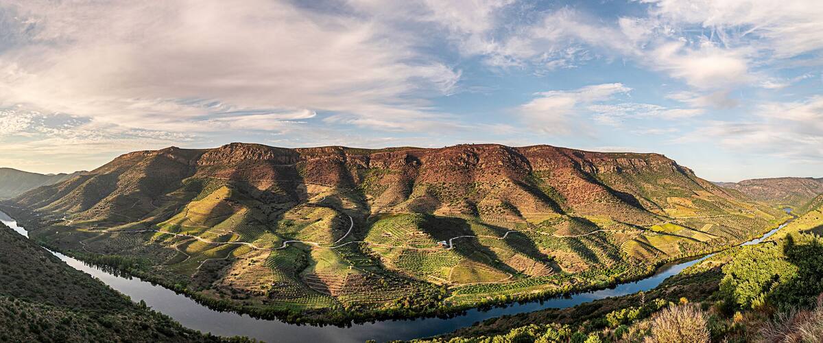 A valley with terraced vineyards and a river.
