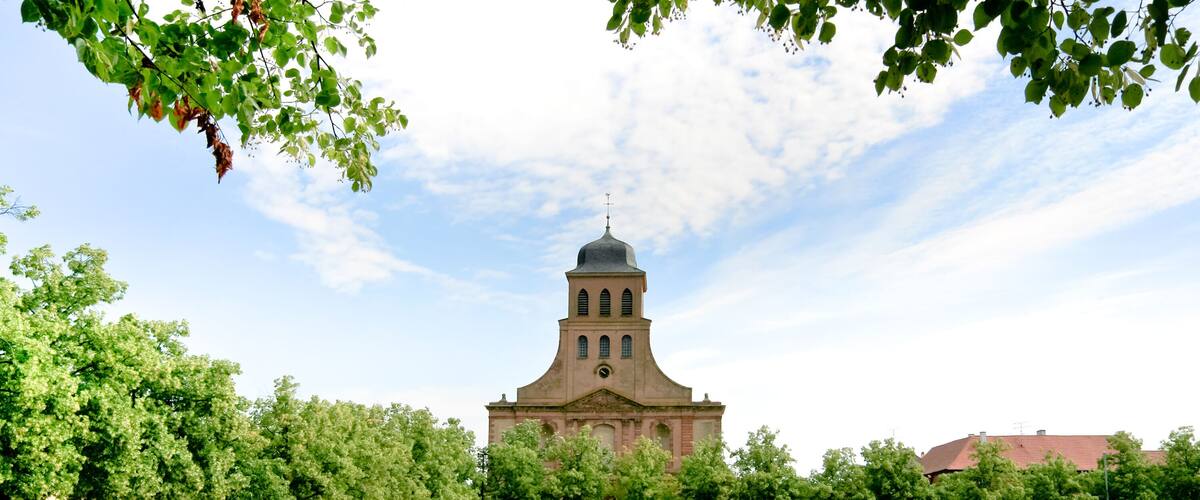 A large open plaza with a historic building featuring a bell tower and a dome, surrounded by trees and a clear sky.