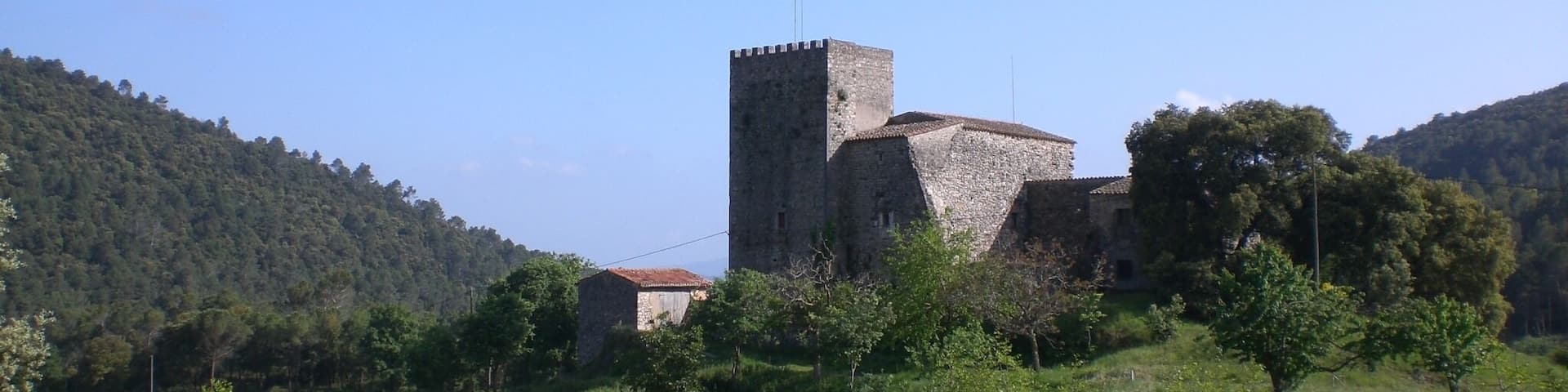 A medieval castle surrounded by lush green hills and a clear blue sky.