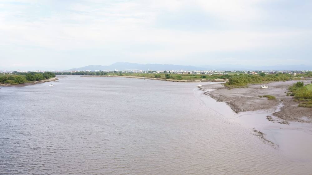 A wide river with a sandy bank, a distant cityscape, and mountains in the background.