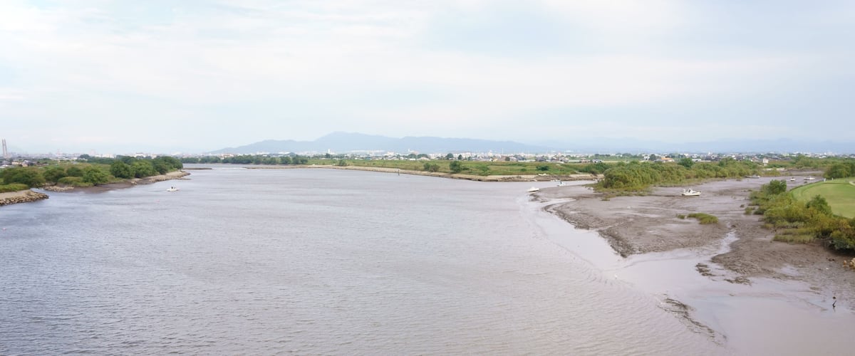 A wide river with a sandy bank, a distant cityscape, and mountains in the background.