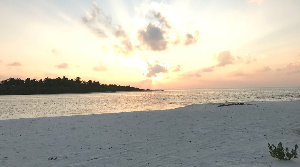 Sun setting on the horizon. Beautiful sea and beach as well.