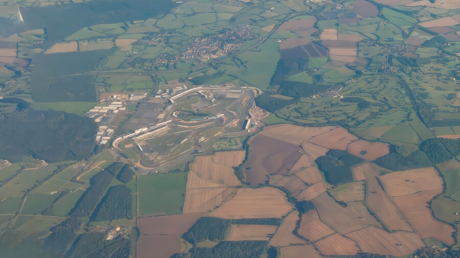 A high altitude view of the Silverstone circuit in Northamptonshire, UK