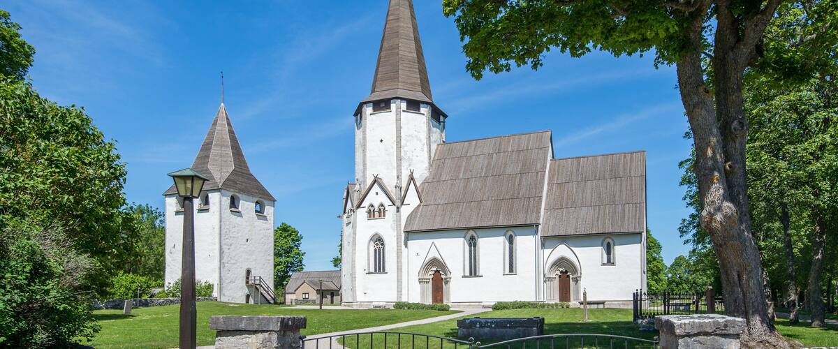 A church with two towers and a large tree in front.