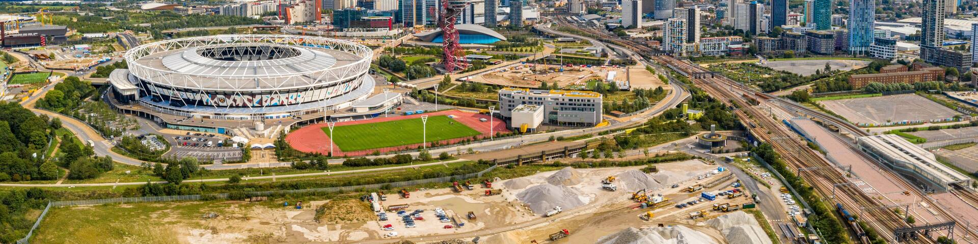 August 10, 2019. London, UK. Aerial view of the Olympic park in London with the the Olympic Stadium and the ArcellorMittal Orbit tower.