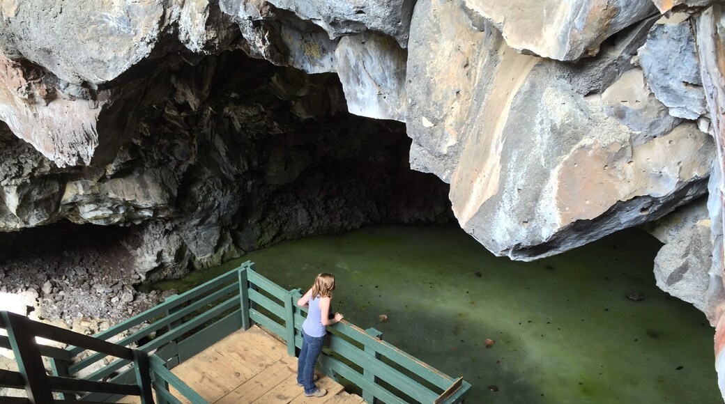 This ice cave is the end of a collapsed lava tube 17.5 miles long, the longest known in North America. The coloration is due to algae that lived in the water that filled the cavern which is now frozen to a depth of more than 20 feet. The cave remains a constant 31 degrees F year-round.