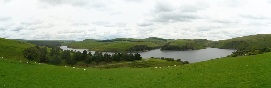 Panoramic view of Llyn Clywedog reservoir.