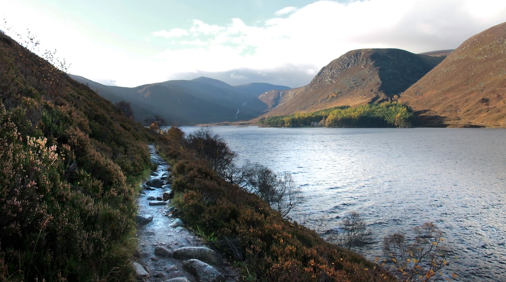 Scottish landscape panorama. Loch Muick in Cairngorms National Park. Royal Deeside, Ballater, Aberdeenshire, Scotland, United Kingdom.