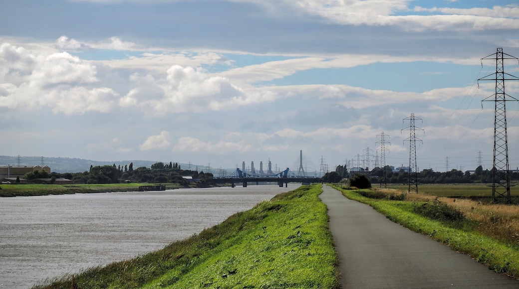 A river with a bridge, grassy banks, and power lines in the distance.