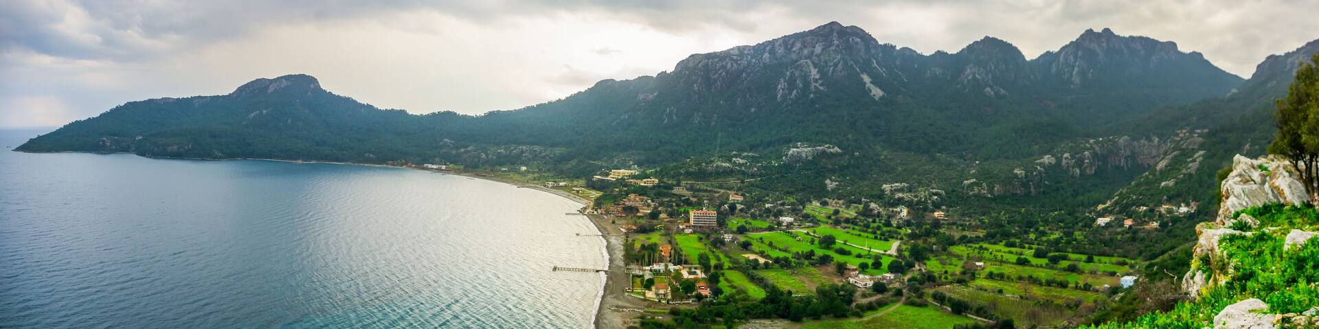 Panoramic view from Marmaris, Kumlubuk beach, sea and mountain. Holiday and summer background. Amos Ancient city. Lycian way.