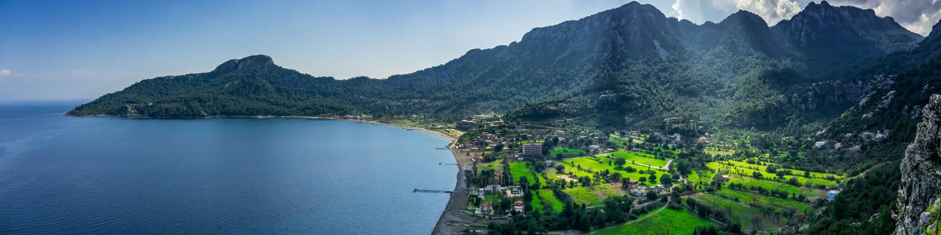 Marmaris, Kumlubuk beach, sea and mountain landscape from Amos Ancient city. Beauty in nature. Marmaris, Mugla, Turkey. Holiday and summer background. Lycian way.