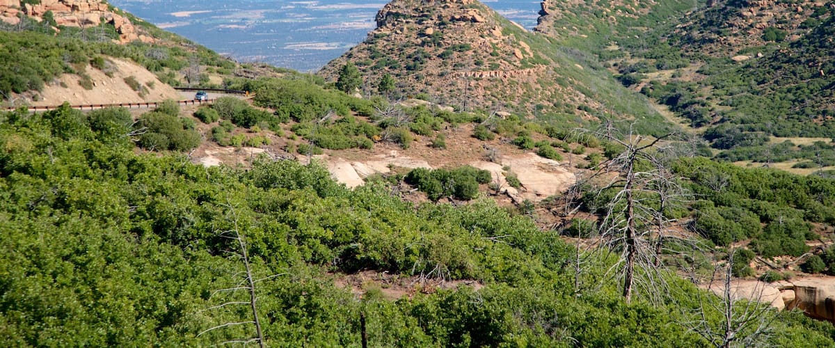 A mountainous landscape with dense green vegetation and rocky outcrops.