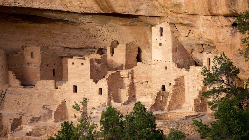 Ancient cliff dwellings with multiple structures carved into the rock face.