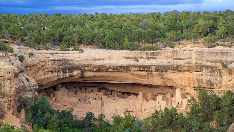 A cliff with ancient cliff dwellings carved into the rock.
