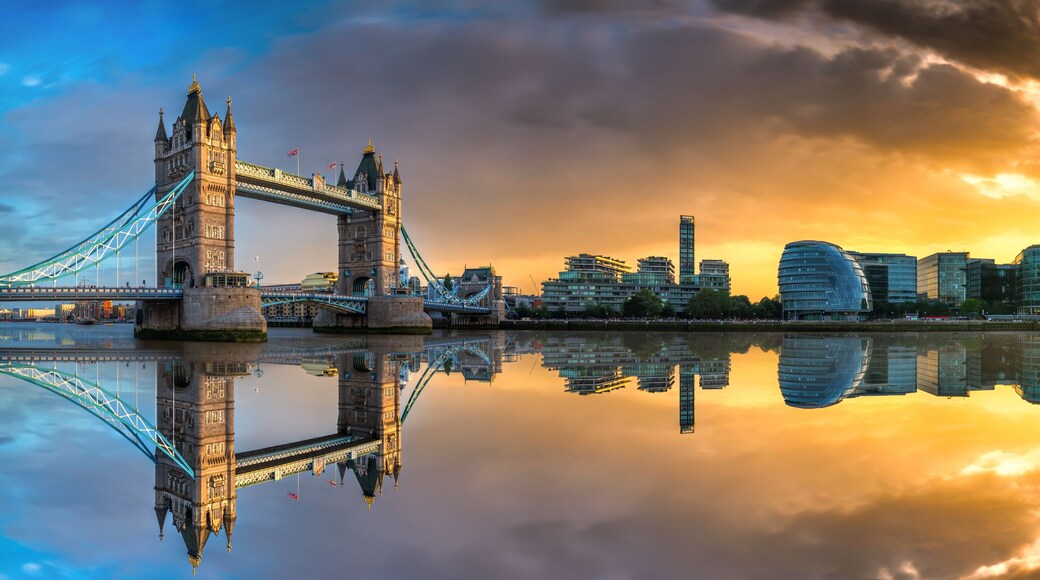 Tower Bridge panorama at sunset in London,. England