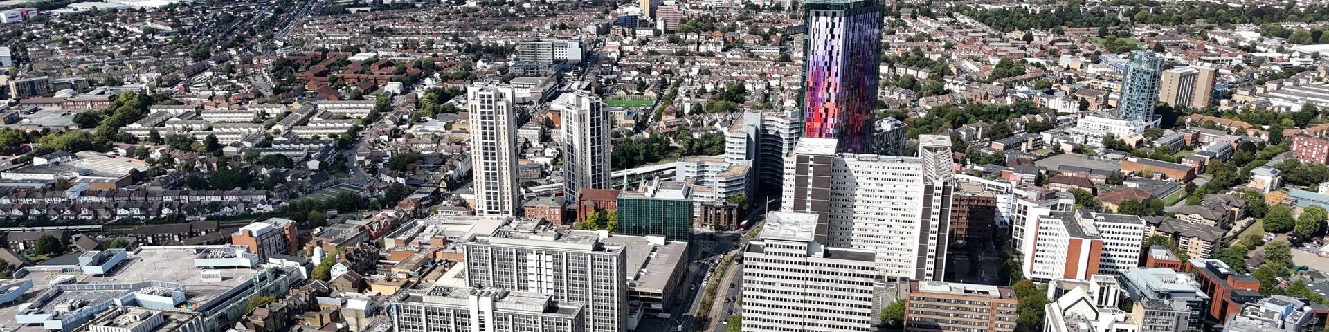 Colourfull apartment building Croydon town centre south London UK drone,aerial