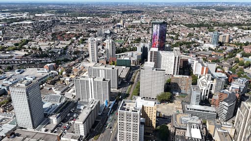 Colourfull apartment building Croydon town centre south London UK drone,aerial