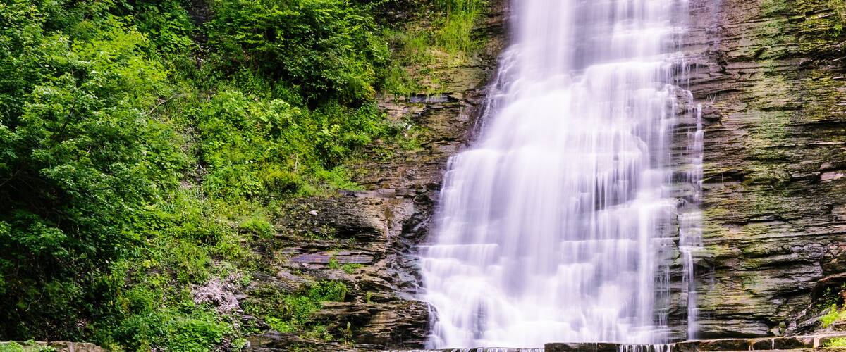 A multi-tiered waterfall surrounded by dense green foliage.