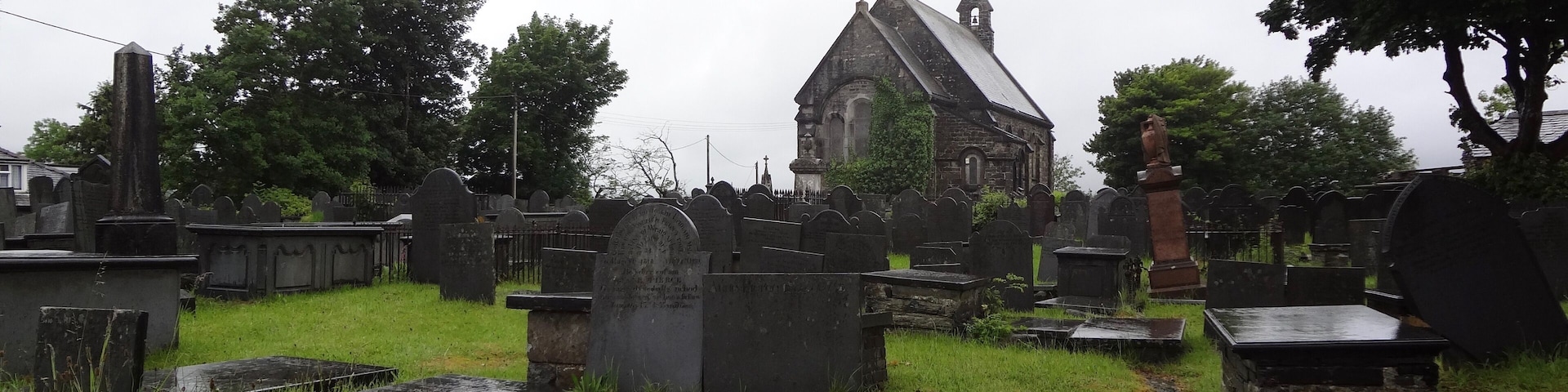 A cemetery with gravestones, a church, and a stone cross.