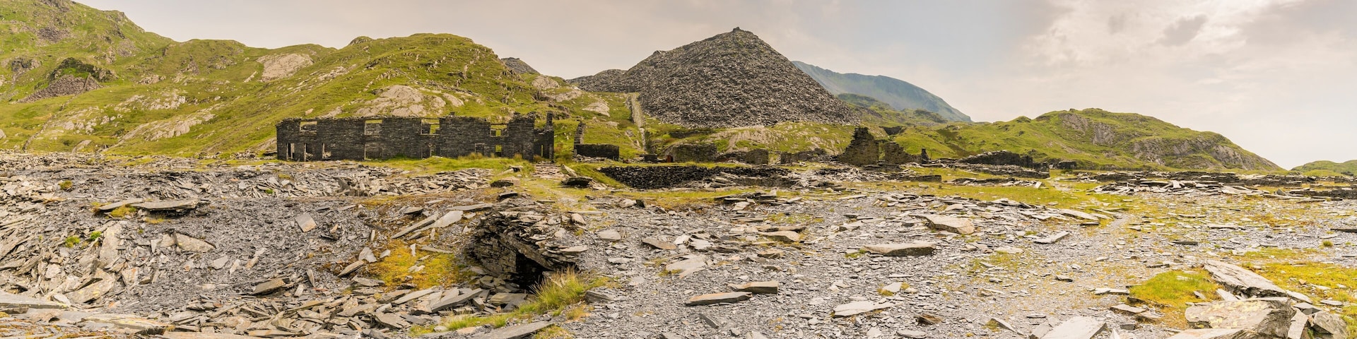 The ruins of the barracks of the disused Rhosydd Quarry near Blaenau Ffestiniog, Gwynedd, Wales, UK