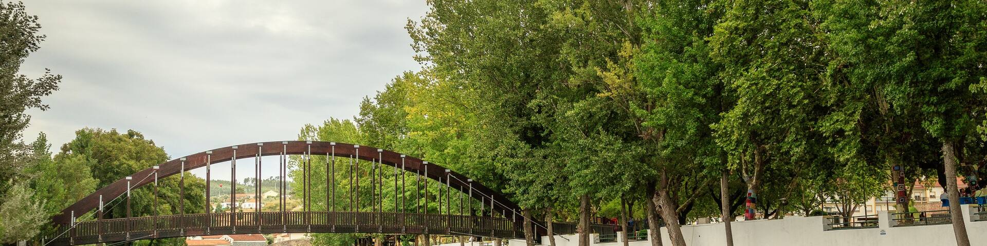 A river with a metal bridge, trees, and a reflection of the sky.