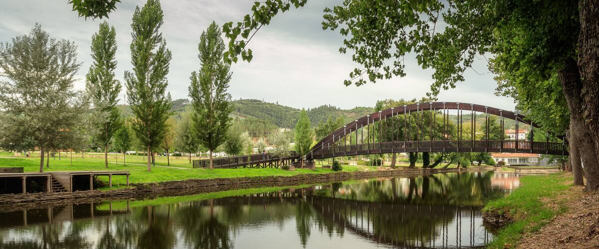 A wooden bridge over a calm river, surrounded by trees and a grassy area with a distant hill.
