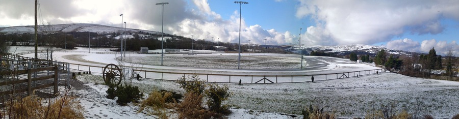 Tairgwaith Trotting Track Wintry panorama of Tairgwaith trotting track, built on the reclaimed site of two coal slag heaps from the Maerdy and Steer deep mines.