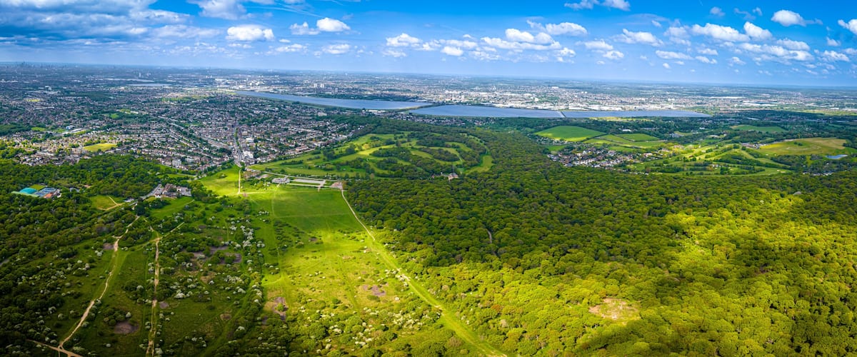 A cityscape with a river, green parks, and a large forested area.