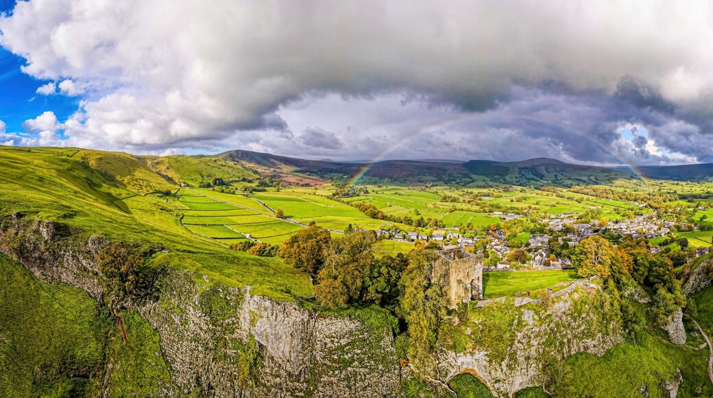 Aerial view of Peveril Castle ruins in Castleton in Peak District, England, UK
