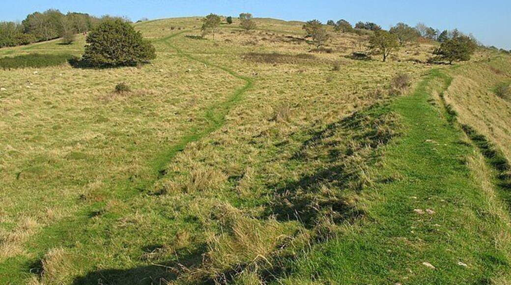 Dolebury Iron Age Hillfort A view across the interior of the rectangular shaped hillfort taken from the southern ramparts. The ramparts date from 3rd to 4th centuries BC.