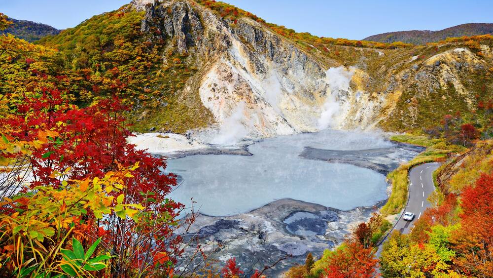 Mt. Hiyori Rises above Oyunuma Lake in Hell Valley, Noboribetsu, Hokkaido, Japan.