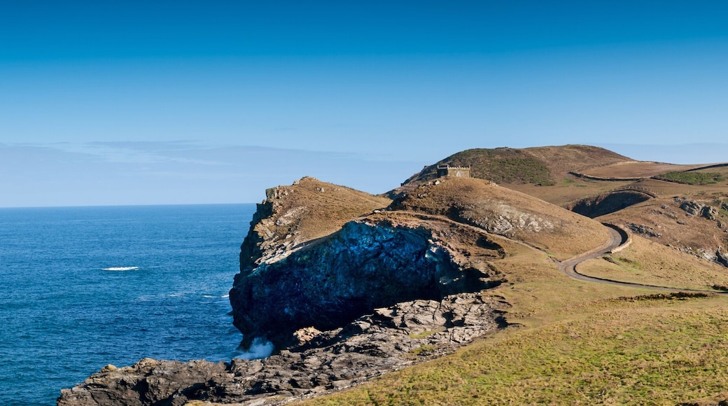 Panoramic view with a farmhouse and the coastline near Port Quin in north Cornwall.