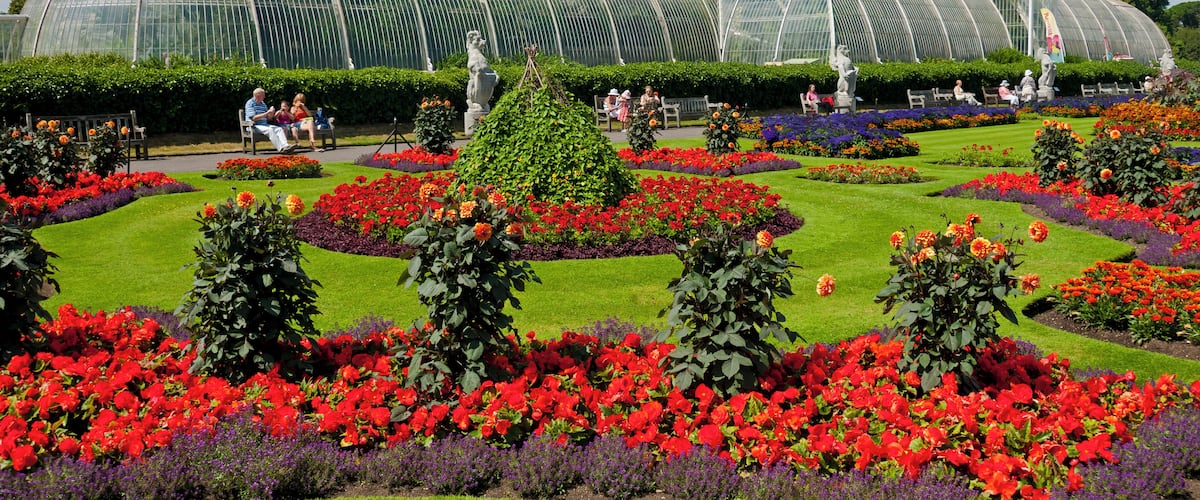 Flowers planted in front of the Palm House at Kew Gardens