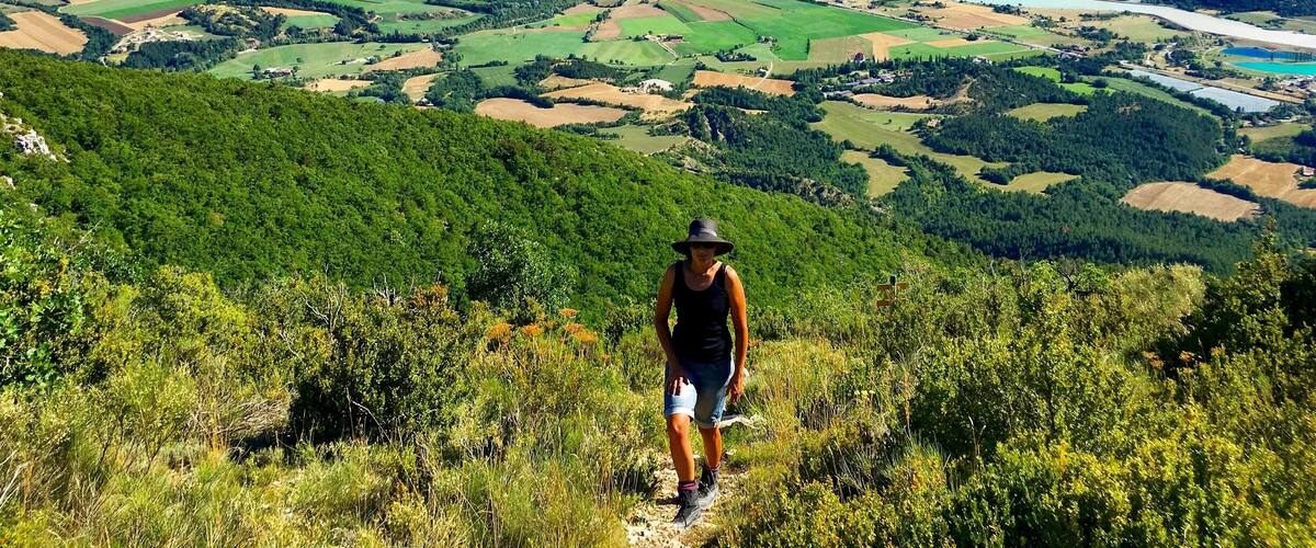 A hiker on a trail overlooking a valley with fields, mountains, and a river.
