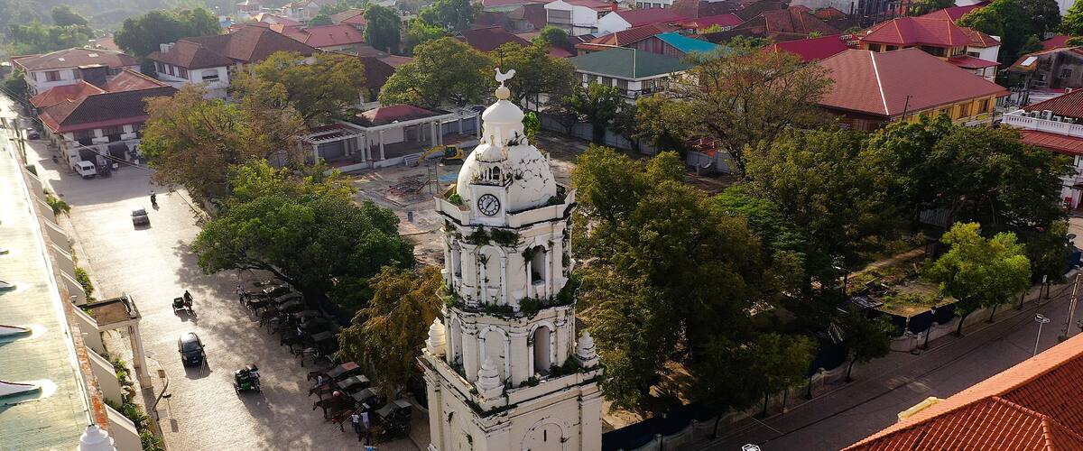 st paul cathedral in vigan city, philippines. Vigan Cathedral's Spanish colonial bell tower. City landscape in the morning, view from above.