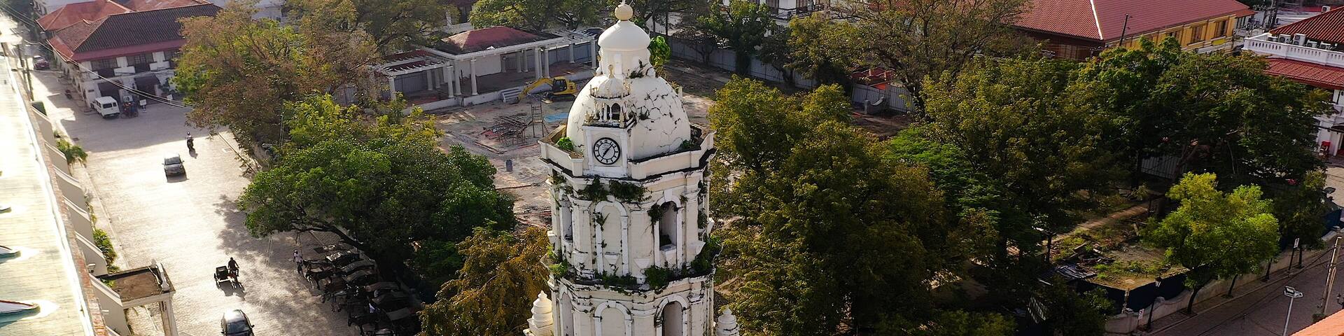 st paul cathedral in vigan city, philippines. Vigan Cathedral's Spanish colonial bell tower. City landscape in the morning, view from above.
