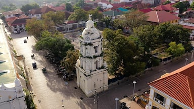 A white clock tower with a rooster on top, surrounded by trees and buildings with red roofs.