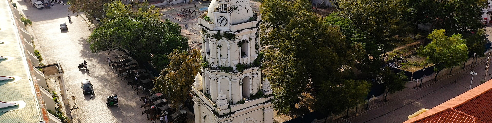 st paul cathedral in vigan city, philippines. Vigan Cathedral's Spanish colonial bell tower. City landscape in the morning, view from above.