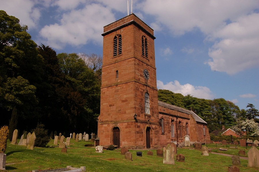 St Nicholas's parish church, Burton, Wirral, Cheshire, seen from the southwest