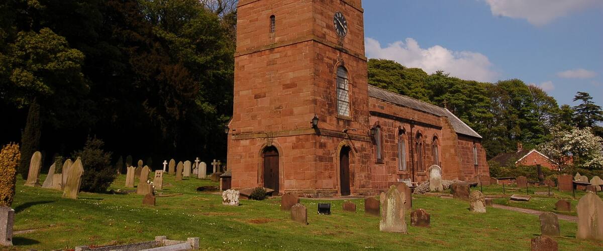 St Nicholas's parish church, Burton, Wirral, Cheshire, seen from the southwest