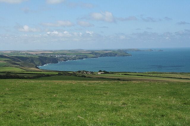 A coastal landscape with a grassy foreground, a coastline, and distant buildings.
