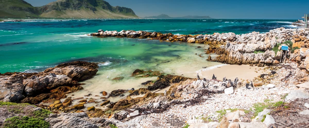 A rocky coastline with clear turquoise waters, a sandy beach, and a mountain in the background.