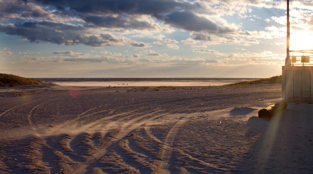 Empty Beach in Far Rockaway, New York. Sandy beach.with cloudy Sky