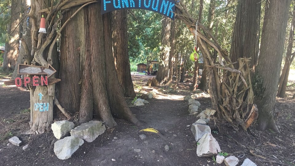 A forested area with a sign reading "FunkyTunk" and an arrow pointing to the right.